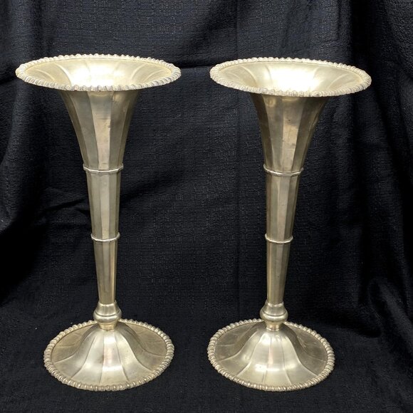 Pair Vintage Silver Plated Brass Trumpet Tulip Vases 15” India Boho Hollywood - Picture 1 of 10